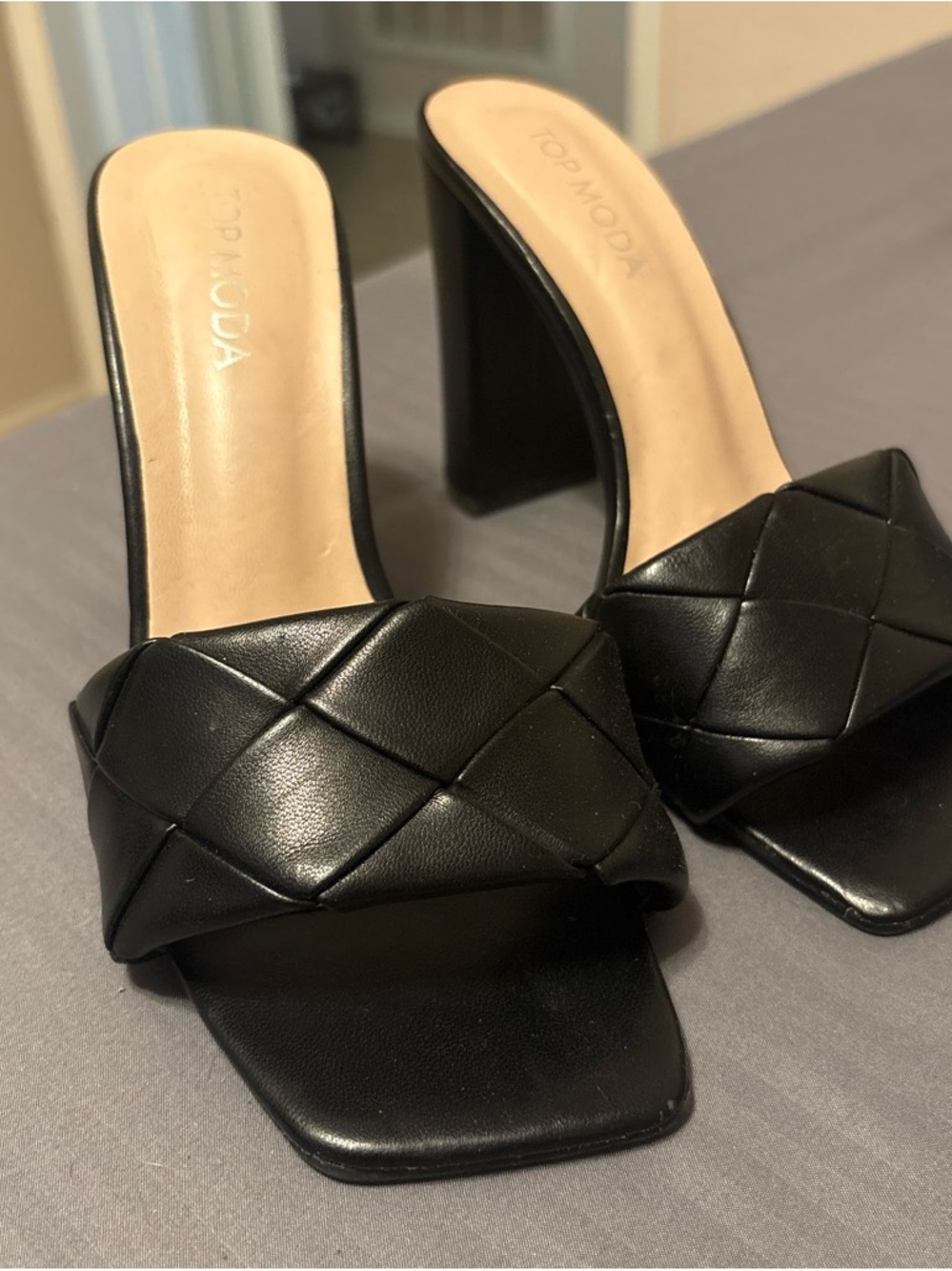 TOP Moda Black Quilted Block Heel Slide Sandals